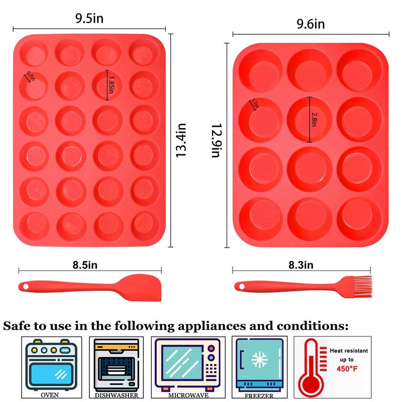Helpcook Silicone Muffin Pan Cupcake Set, Non-Stick Regular 12 Cups and Mini 24 Cups,Silicone Baking Molds,BPA Free Muffin Tin with 1 Silicone Spatula & 1 Oil Brush (Red) - Image 3